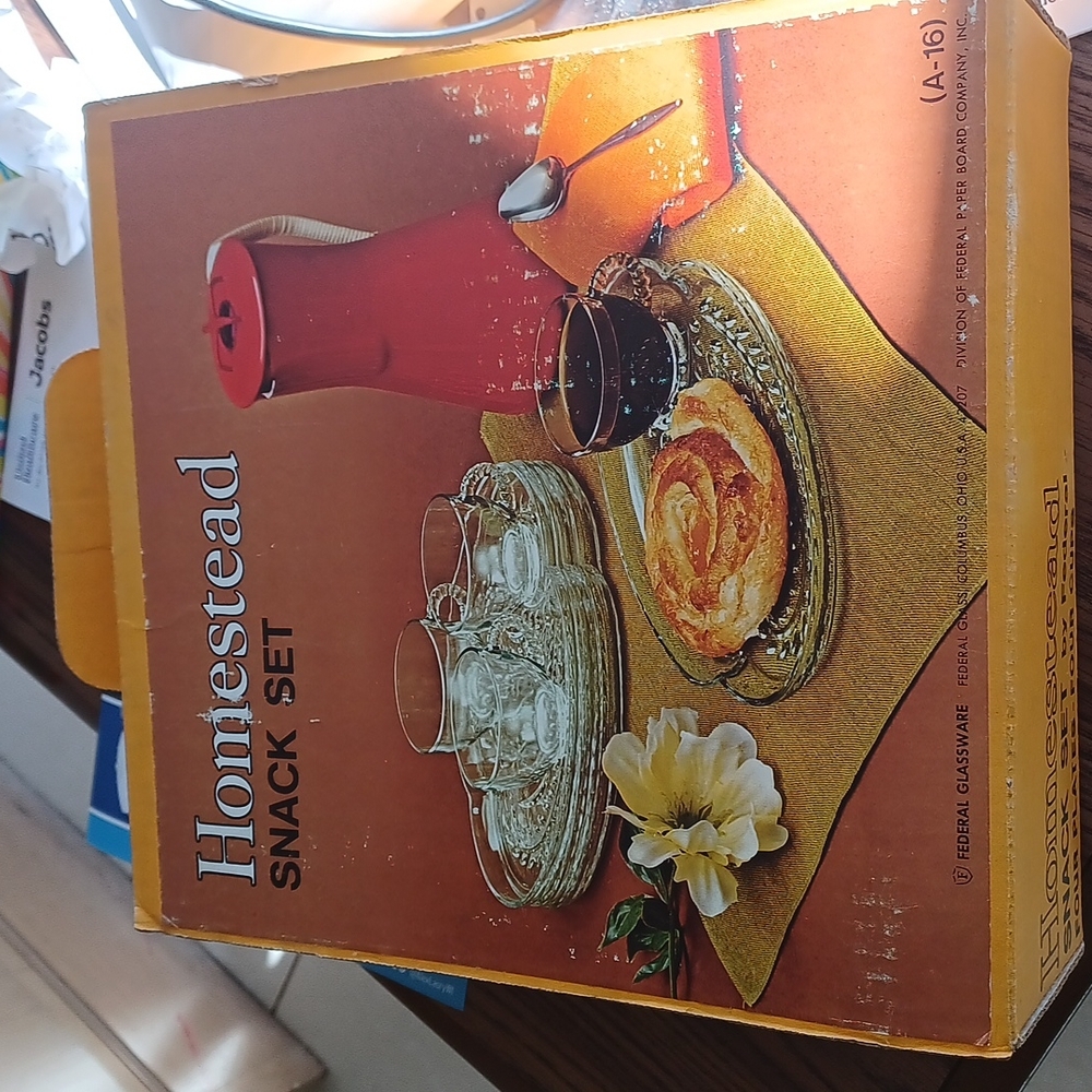 Vintage Federal Glass, "Homestead" also known as "Hospitality" Snack Set, in box